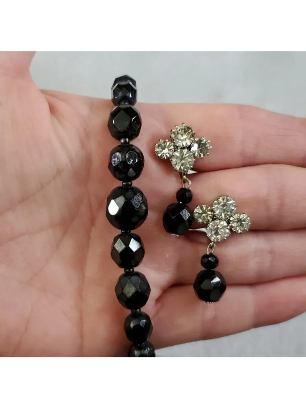 Vintage Beaded Necklace Earring Lot Faceted Black Glass Clip On 14-15